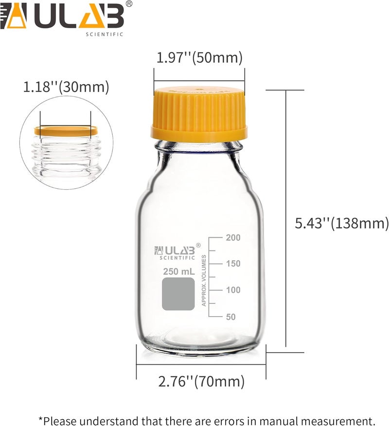 ULAB Round Media Storage Bottle, Vol.250ml(8.5oz) 3.3 Borosilicate Glass Storage Bottles with GL45 Screw Cap, Pack of 6, URB1036 - Image 4